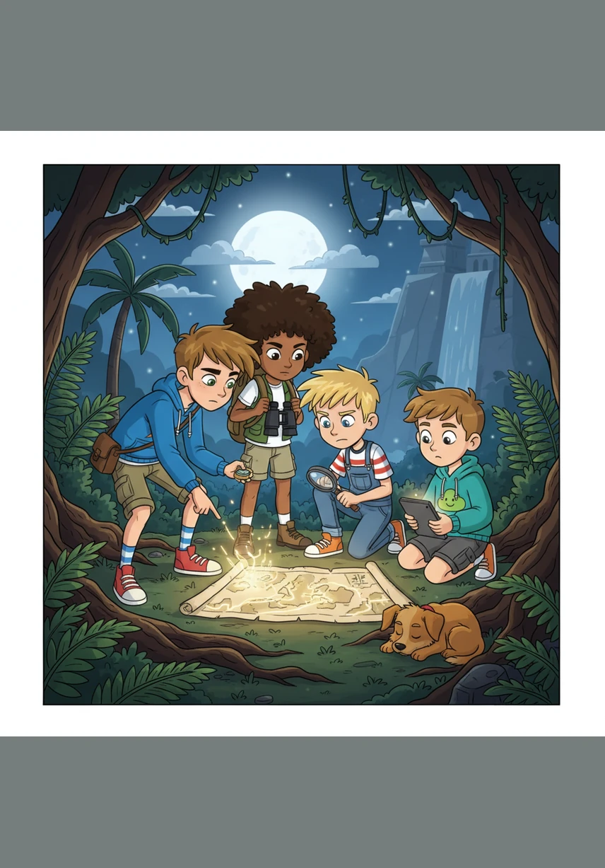The four friends huddle in Sam’s wood-paneled basement, surrounded by walkie-talkies and hand-drawn maps of the woods. They realize the rift is a doorway, and the strange occurrences in Oakhaven are only the beginning of an interdimensional invasion.
