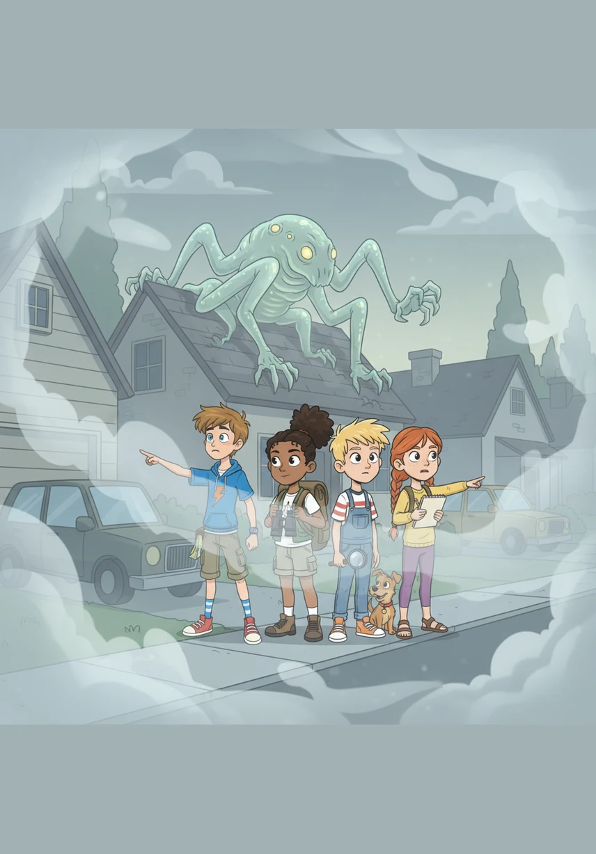 A thick, silver fog rolls through the suburban streets, swallowing houses and cars in a ghostly embrace. Through the mist, the sound of clicking claws on pavement echoes, and a creature with translucent skin and multiple limbs slithers across a nearby rooftop.