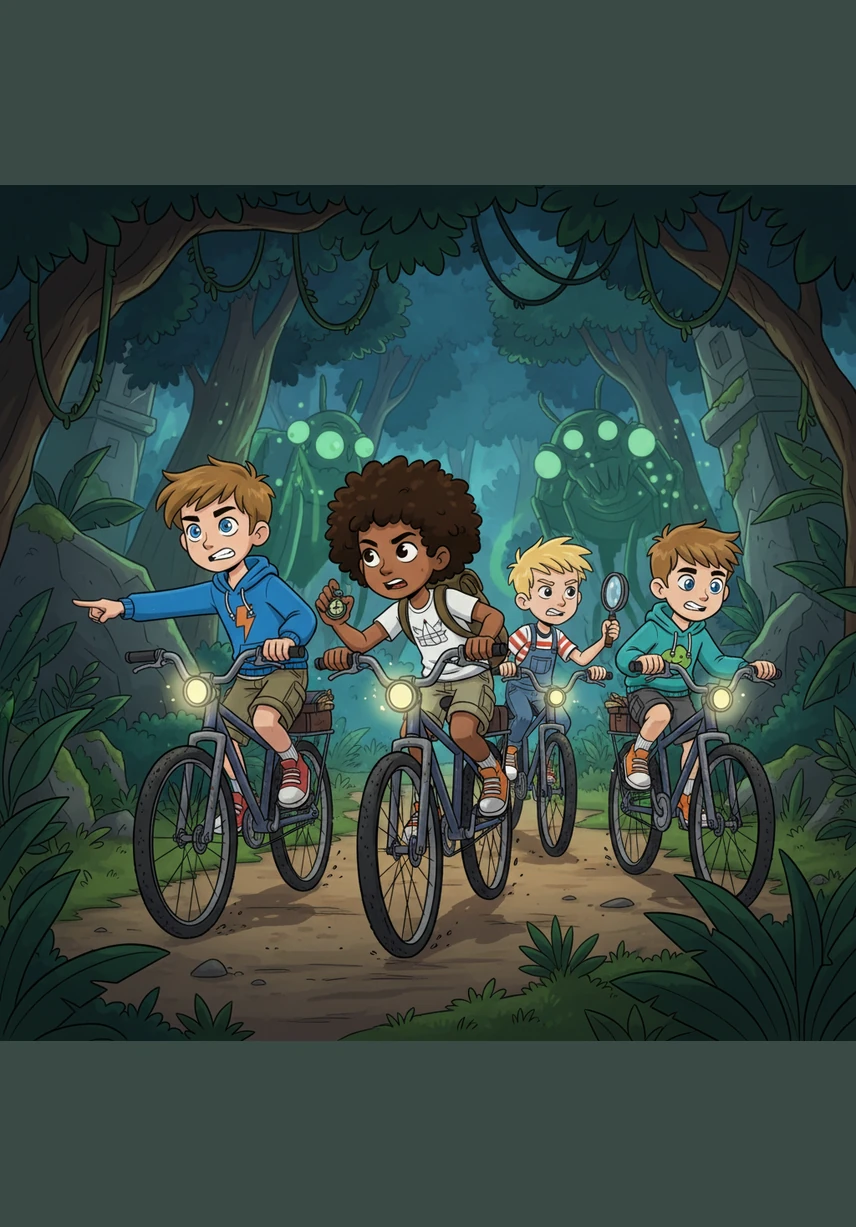 Armed with heavy-duty flashlights and their unwavering bond, the group pedals back toward the Blackwood Forest under a moonless sky. They know they are the only ones who can close the portal before the creatures claim the town as their own.