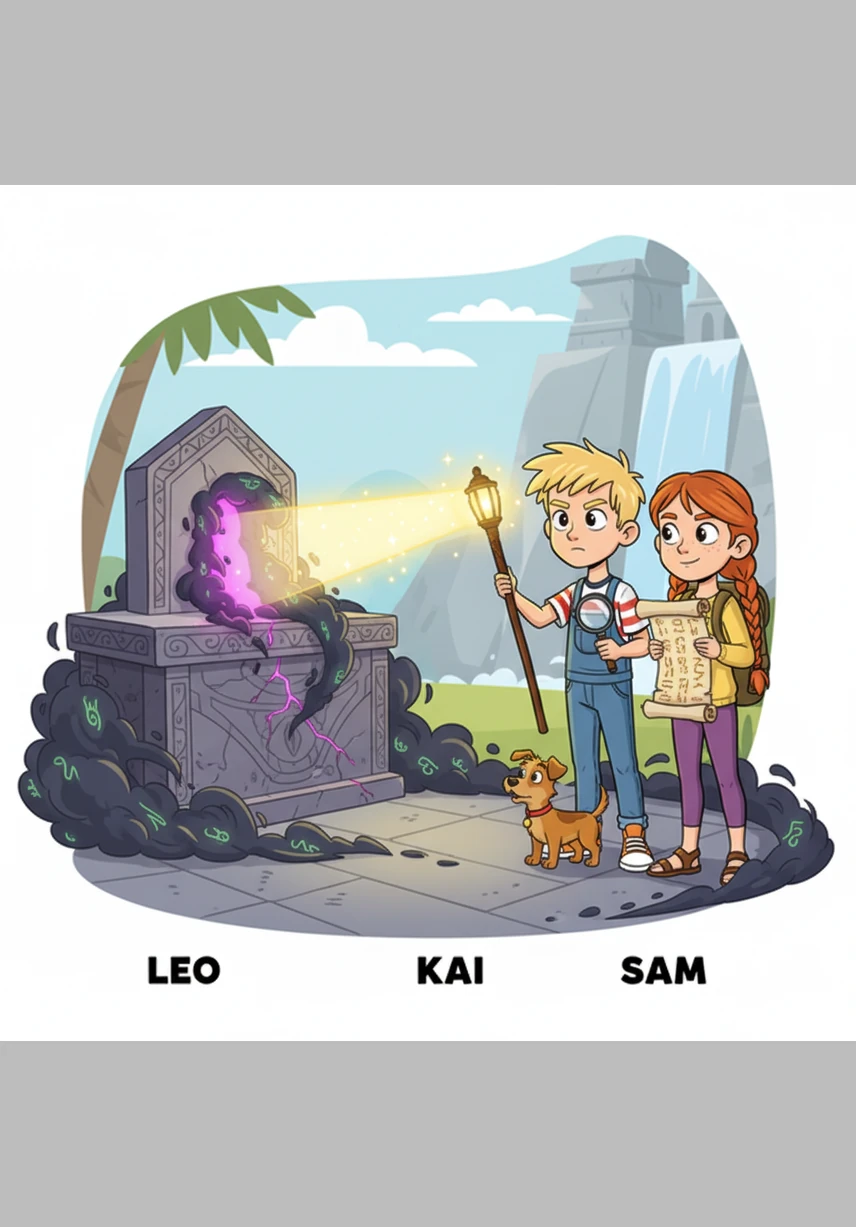 Maya uses a glowing crystalline shard they found near the rift, holding it high as Leo recites the coordinates they mapped out. The other two friends stand guard with their lights, pushing back the smaller, skittering shadows that try to break their circle.