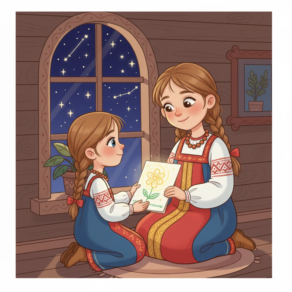 Однажды Василиса показала маме свой рисунок: на нем был необыкновенный цветок, который светился, как луна. «Я мечтаю увидеть такой цветок, мама!» — прошептала она.