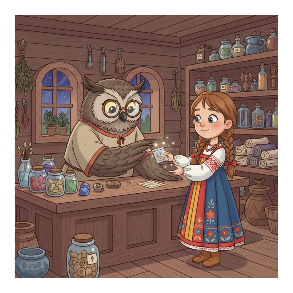 На следующий день они отправились в старый лесной магазинчик, где продавец, мудрая Сова, вручила им таинственный пакетик с блестящими семенами. «Посадите его с любовью!» — прокаркала Сова.