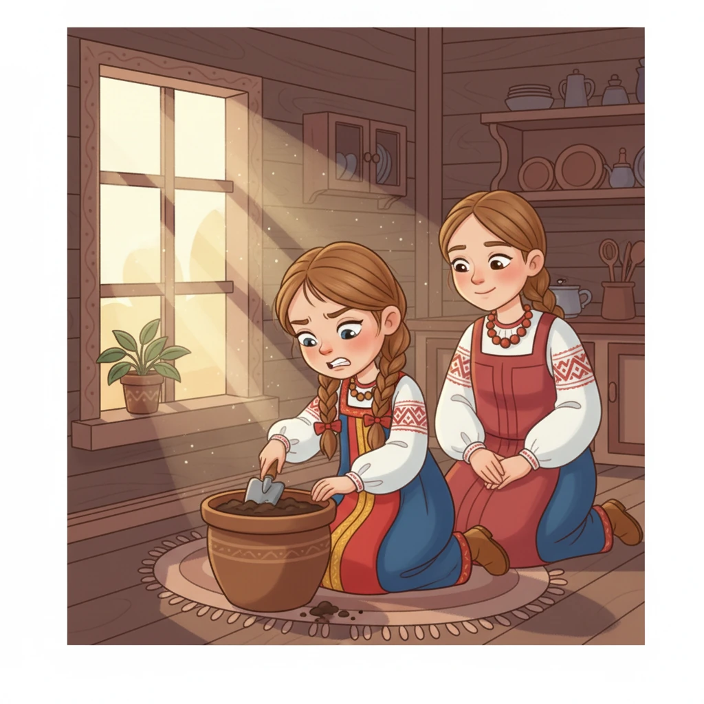 Вернувшись домой, Василиса с мамой принялись сажать семена. Но земля в горшке была очень твердой, и маленькие ручки Василисы никак не могли ее разрыхлить.