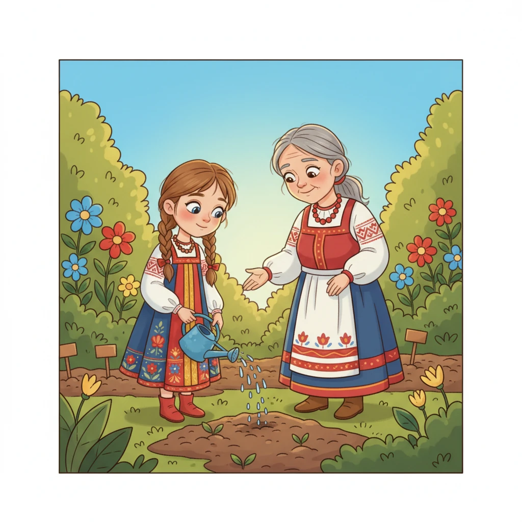 Мама Катя показала, как осторожно взрыхлить землю, а Василиса аккуратно полила почву из своей маленькой лейки. Они терпеливо ждали, пока семечко прорастет.