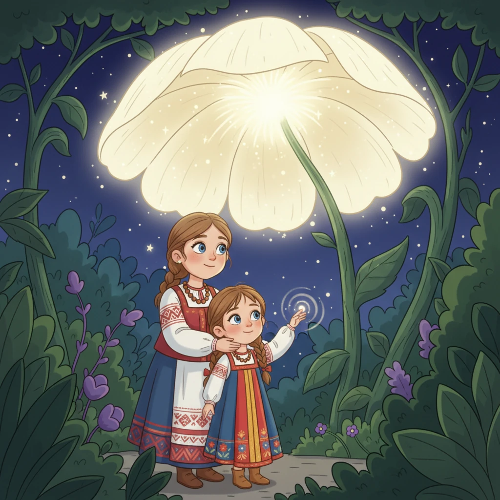 Лунный Цветок расцвел во всей своей красе! Его лепестки сияли, как сотни маленьких звезд. Мама Катя и Василиса стояли рядом, обнявшись, восхищаясь этим чудом, которое они вырастили вместе.