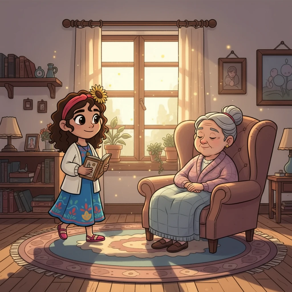 Un día, Sofía encontró el libro. El olor a papel viejo y a recuerdos la inundó. Lo llevó a la sala donde su madre descansaba. La luz del sol entraba por la ventana, iluminando el polvo en el aire.