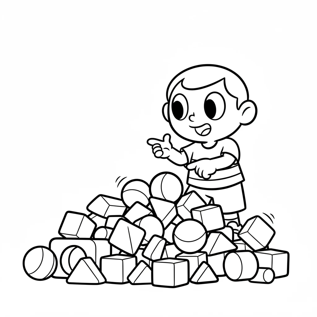 Oh my! What's this big mess? Pip found a giant pile of colorful blocks all mixed up. Red, blue, yellow, round, square, pointy – they were everywhere!