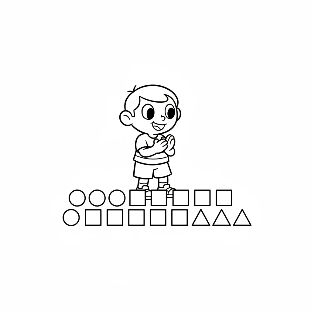 At last, every single block was in its perfect place! Circles here, squares there, and triangles all in a row. Pip clapped little hands, feeling very proud of a job well done!