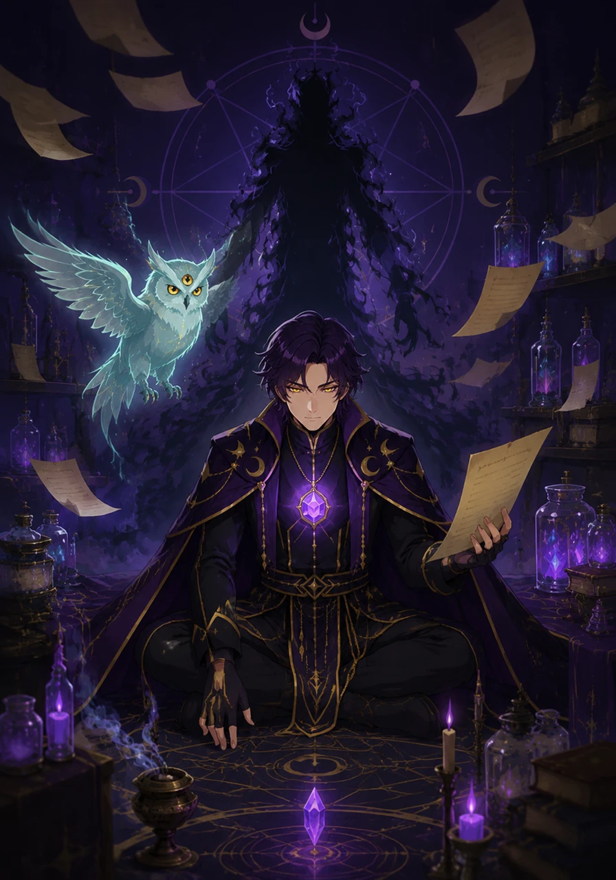 Veritas sits in a dimly lit chamber surrounded by floating parchment and jars of glowing essence. The air is thick with the scent of old paper and incense as the seeker prepares for a journey into the unknown.