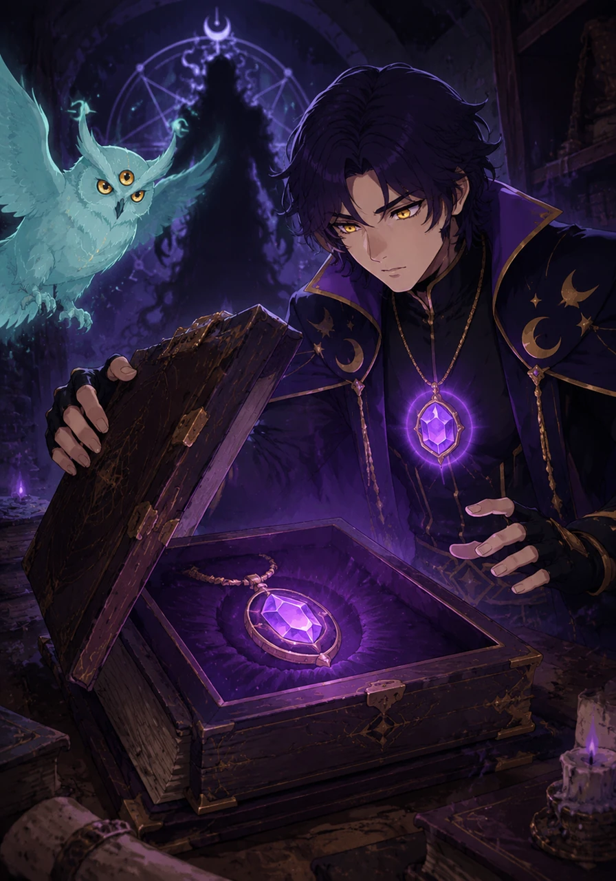 While brushing dust off a centuries-old grimoire, Veritas finds a hidden latch that clicks open with a heavy thud. Inside lies a shimmering violet amulet, pulsing like a heartbeat and etched with their own name in elegant script.