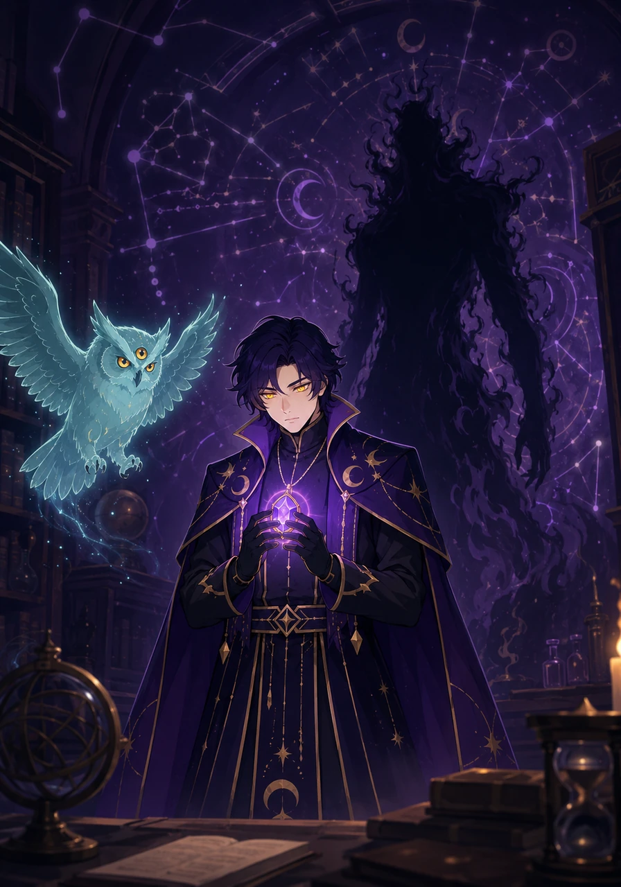 Clasping the amulet, Veritas watches as it emits a soft, ethereal glow that illuminates the dark corners of the study. The shadows on the wall begin to move, forming shapes of ancient constellations and forgotten symbols.