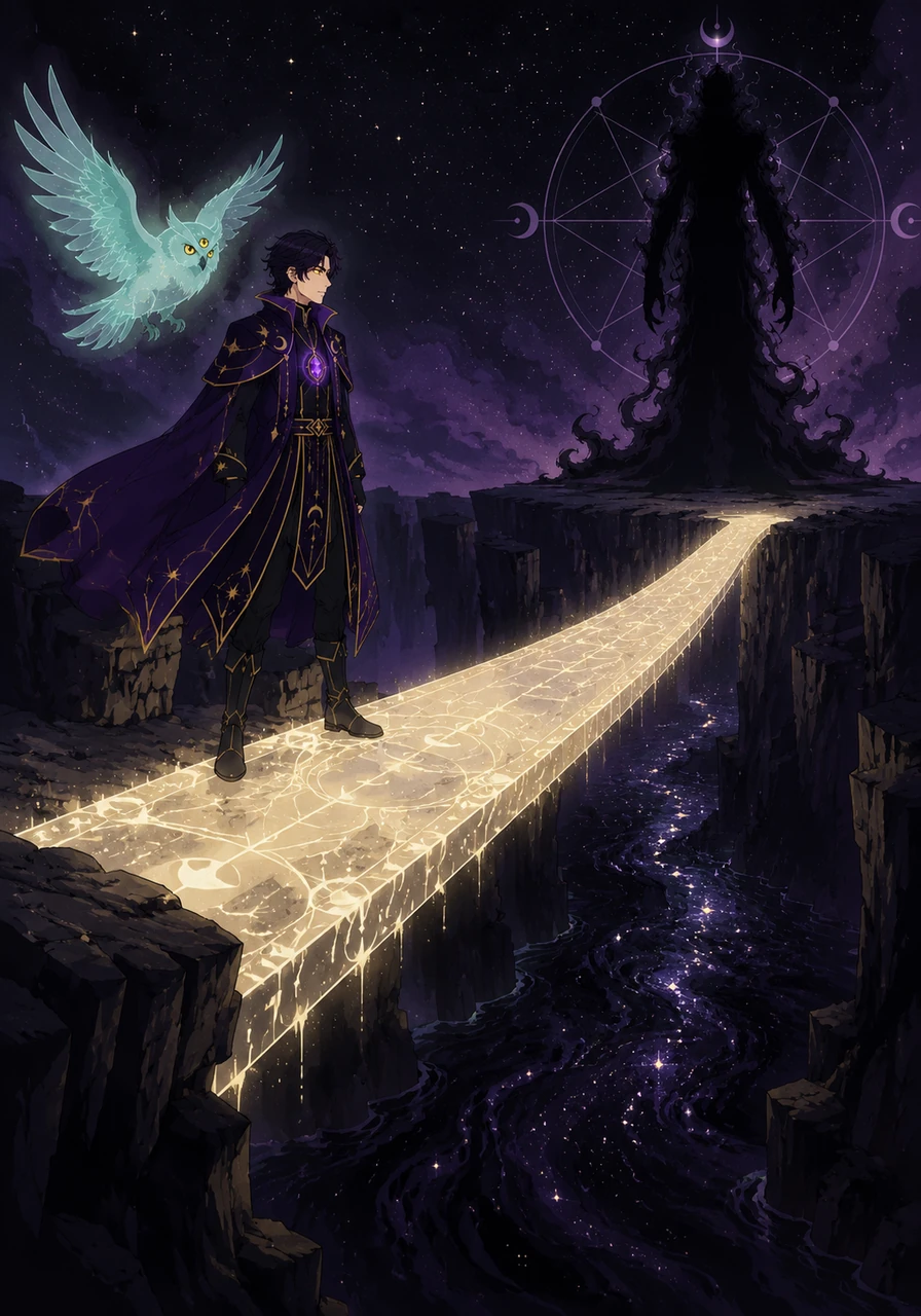 At the edge of a bottomless gorge, a bridge made of solid moonlight appears beneath Veritas's feet. Below, a river of dark ink flows silently, reflecting the infinite stars of a sky that has never seen the sun.
