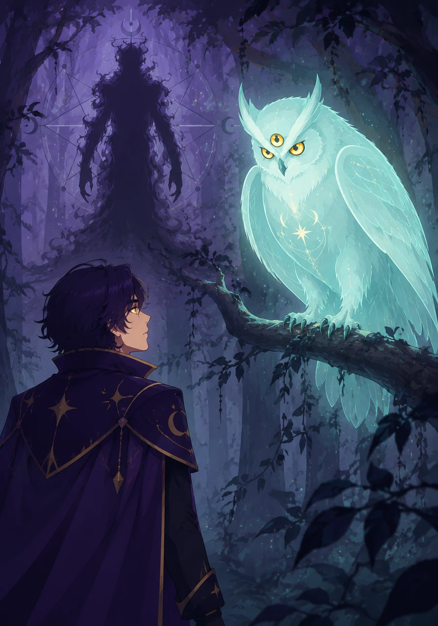 A majestic spectral owl with three golden eyes descends from the canopy to perch on a nearby branch. It gazes deeply into Veritas's soul, testing their worthiness to seek the ultimate truth hidden within the forest.