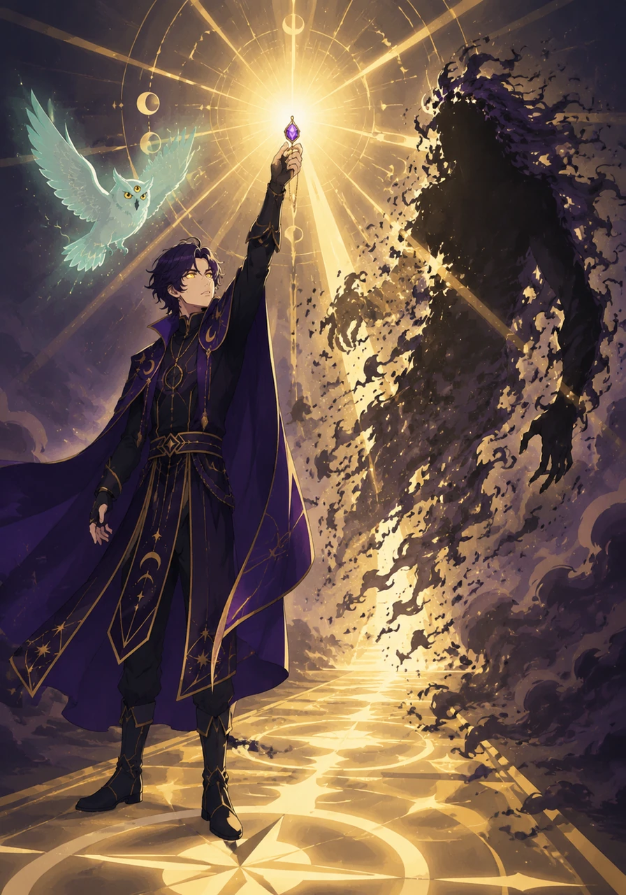 Veritas raises the amethyst amulet high, channeling a burst of pure, golden radiance that pierces through the darkness. The shadow figure dissolves into harmless mist, leaving behind a path paved with clarity and purpose.