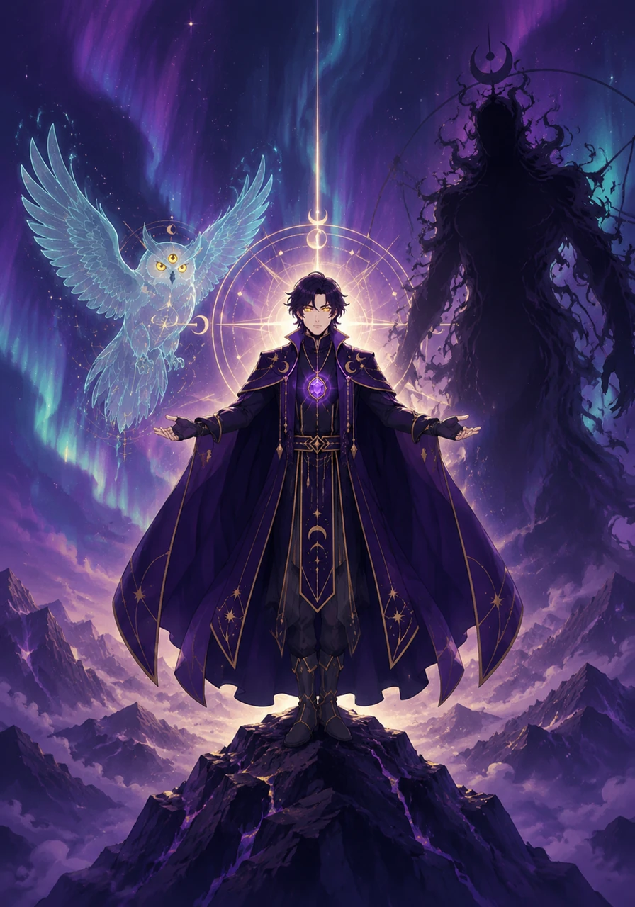 Standing atop the highest peak under a cosmic aurora, Veritas’s eyes glow with a newfound celestial wisdom. The seeker has become the living embodiment of truth, a beacon for all who wander in the dark.