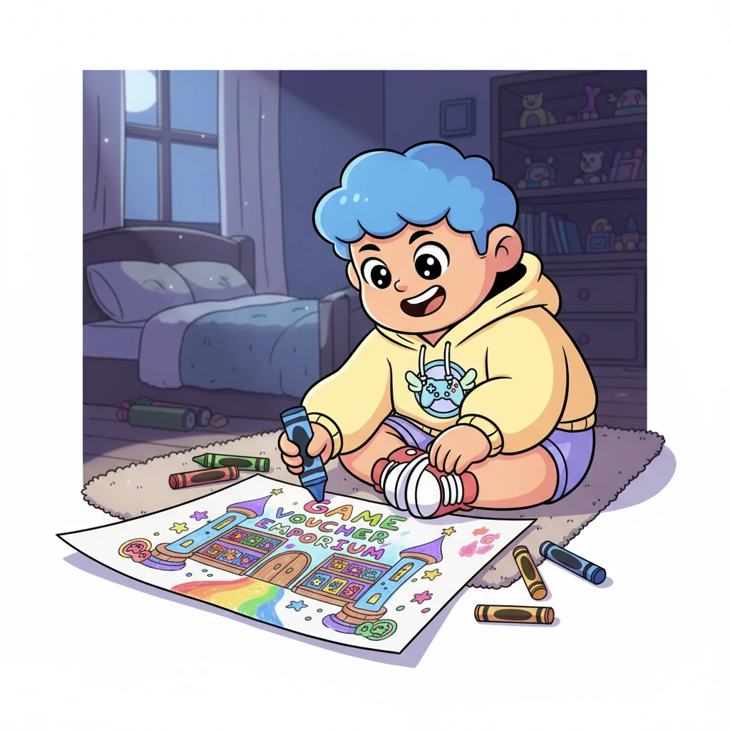 Malam itu, Bima bermimpi tentang sebuah toko online yang sangat ajaib, di mana semua voucher game bisa ditemukan dengan mudah. Ia mulai menggambar sketsa tokonya dengan crayon warna-warni, setiap goresan dipenuhi semangat dan imajinasi.