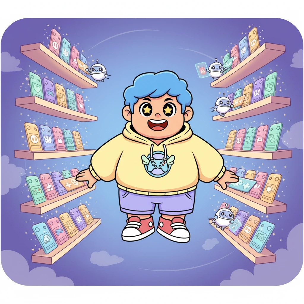 Bima membayangkan rak-rak voucher yang bersinar, dipenuhi dengan kartu-kartu digital yang berkilauan untuk semua jenis game. Robot-robot kecil yang ramah membantu menyusun dan menampilkan setiap voucher dengan rapi.