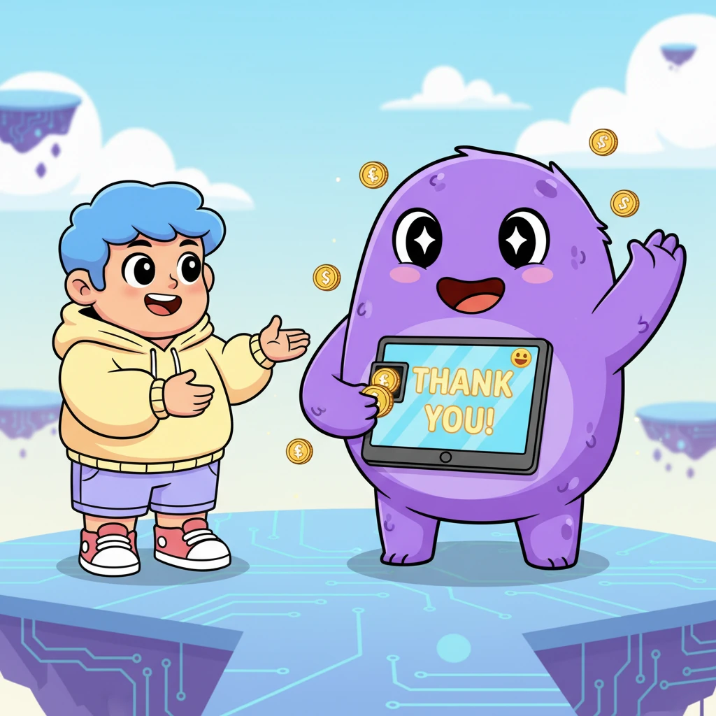 Untuk pembayaran, Bima menciptakan monster kasir yang menggemaskan, bermata lebar dan selalu tersenyum. Monster ini dengan senang hati menerima koin-koin virtual dan memberikan ucapan terima kasih digital.