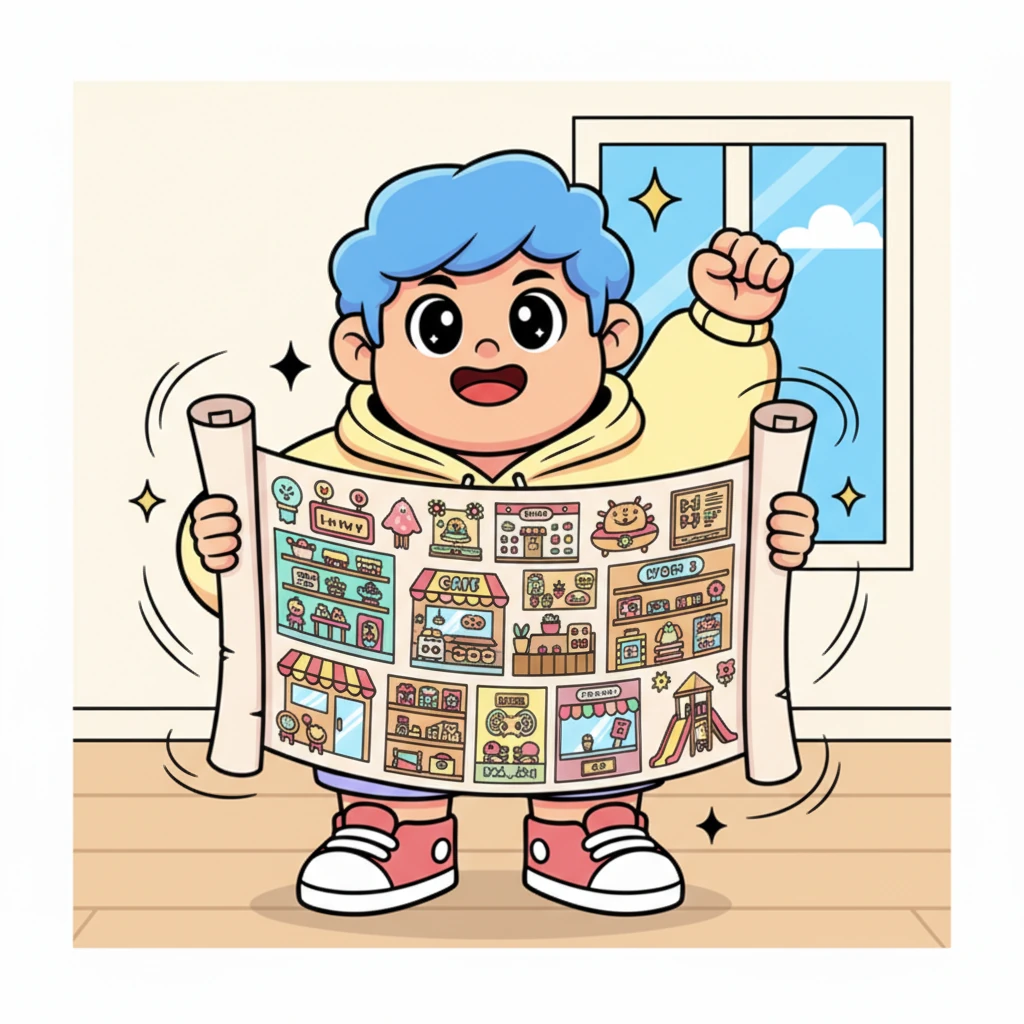 Akhirnya, Bima menyelesaikan desain besar toko impiannya, sebuah cetak biru raksasa yang penuh warna dan detail. Ia merasa sangat bangga dan bersemangat, membayangkan tokonya menjadi nyata.