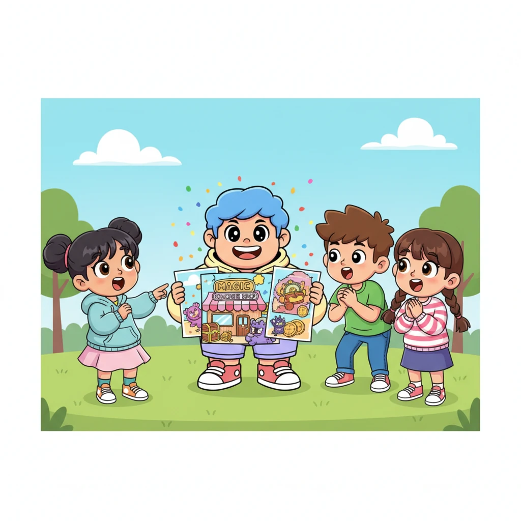 Bima memamerkan gambar-gambar tokonya kepada teman-temannya yang terkejut dan kagum. Mereka semua tidak sabar menunggu 'Toko Voucher Ajaib' milik Bima benar-benar hidup dan bisa mereka kunjungi!