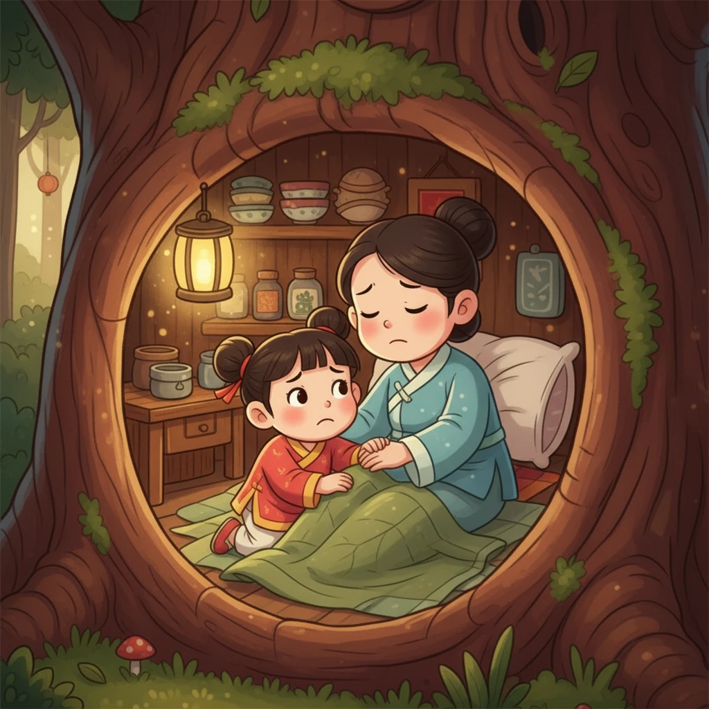 有一天，松鼠媽媽生病了，躺在樹洞裡動彈不得。小栗子非常擔心，他的小臉上寫滿了焦慮。