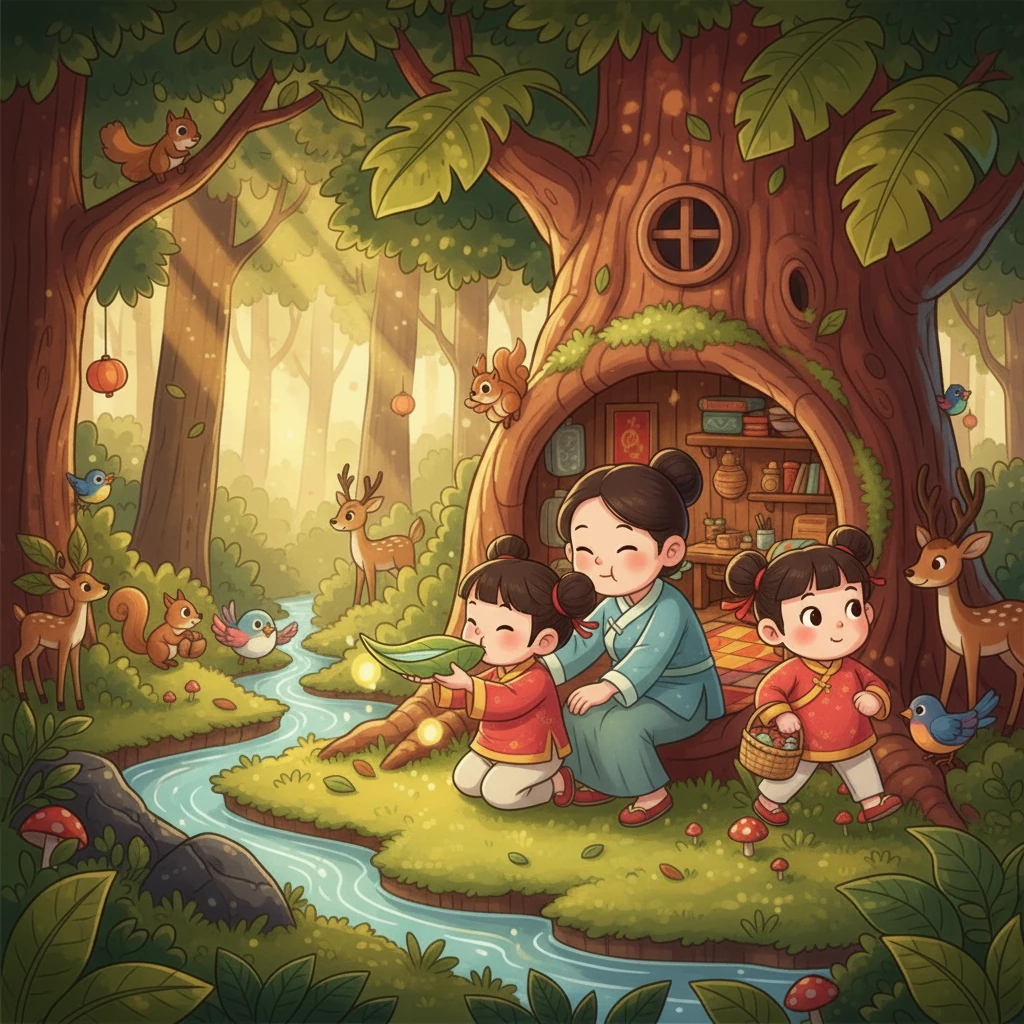 小栗子開始照顧媽媽。他用小樹葉盛水，輕輕地餵媽媽喝。然後，他決定出門去找食物。