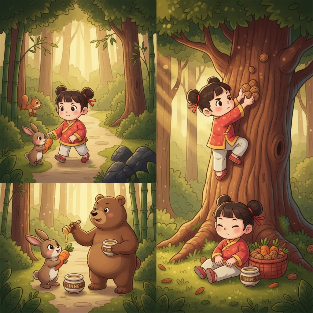 在找食物的路上，小兔子送給他一根胡蘿蔔，大熊送他一些蜂蜜。小栗子還爬上高高的樹，摘了媽媽最愛的核桃。 雖然很累，但他從未放棄。