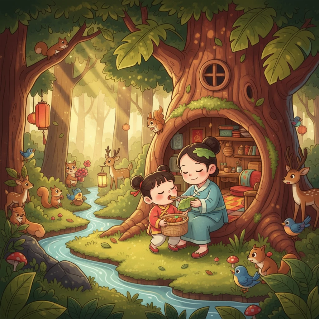 帶著食物回到家，小栗子細心地餵媽媽吃飯，用濕樹葉幫媽媽擦額頭。 森林裡的小動物都來探望媽媽，送上他們的祝福。