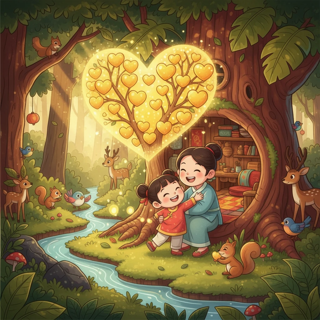 突然，樹洞裡長出一棵閃閃發光的愛心樹，結滿金色的愛心果實。媽媽吃下愛心果實後，很快就恢復了健康，並開心地抱住小栗子。 從此，森林裡的動物都學習小栗子的孝心，並感受到愛與被愛的喜悅。