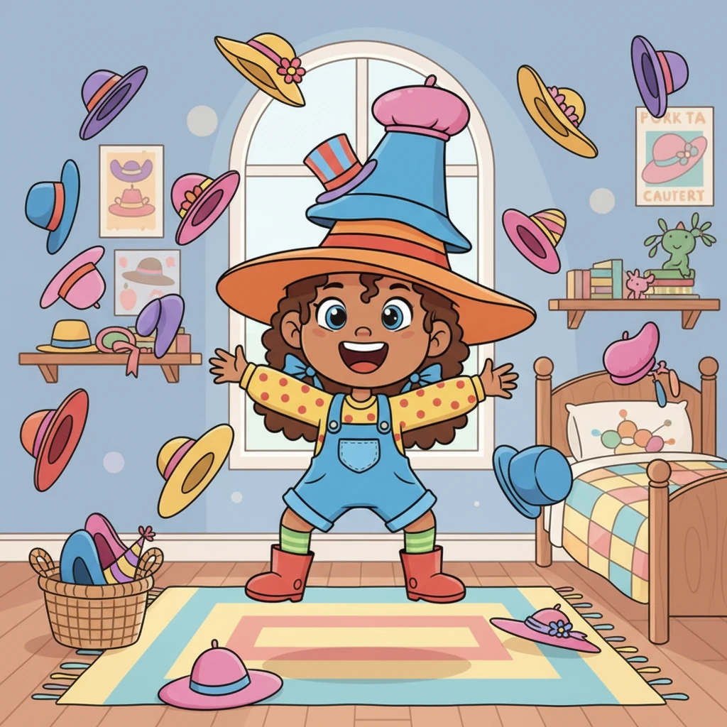 Holly's room was a colorful explosion of hats! They tumbled from shelves, peeked out of baskets, and even hung from her bedposts. She had so many wonderful hats that counting them all felt like an impossible, giggly task.