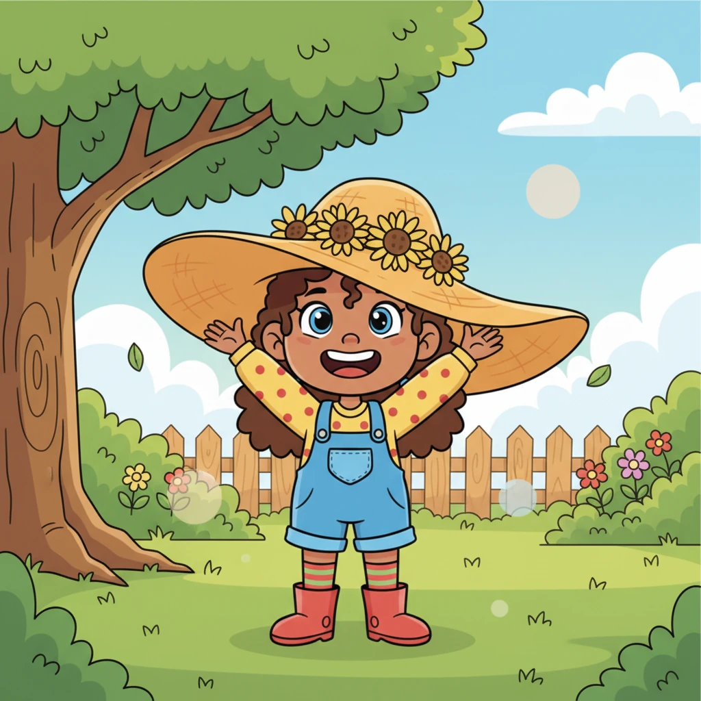 One sunny morning, Holly picked a giant, floppy straw hat adorned with bright sunflowers. It was perfect for imagining a day at the beach, even if she was just playing in her backyard.