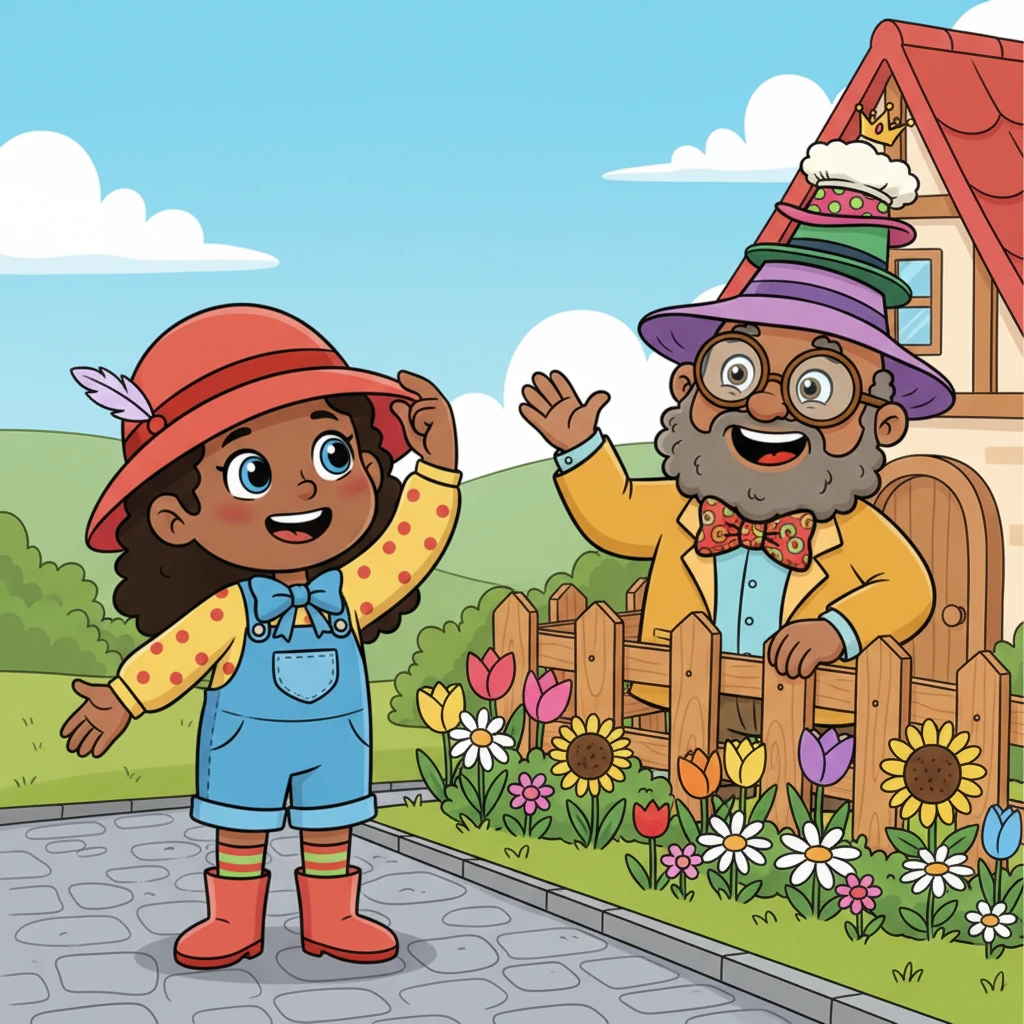 Out in town, Holly wore a charming red cloche hat with a little feather. She gave a friendly tip of her hat to Mr. and Mrs. Brown, who smiled warmly back at her from their garden.