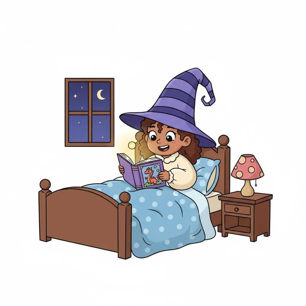 Later that evening, snuggled in her big, fluffy nightgown, Holly put on a ridiculously tall, striped wizard hat. She read her favorite storybook, feeling extra magical and cozy.