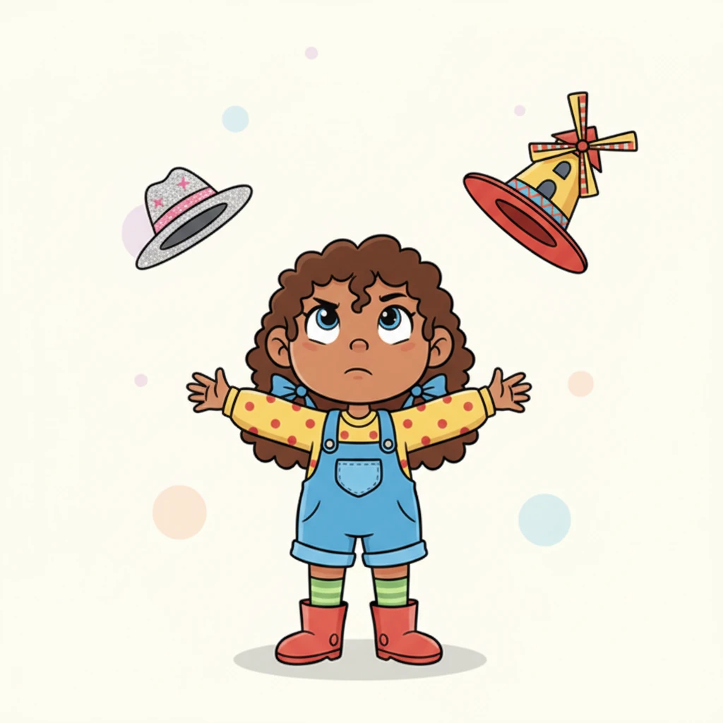 Sometimes, with so many hats, Holly couldn't decide which one to choose! Should it be the sparkly one for a pretend opera, or the one with a windmill for an imaginary fair?