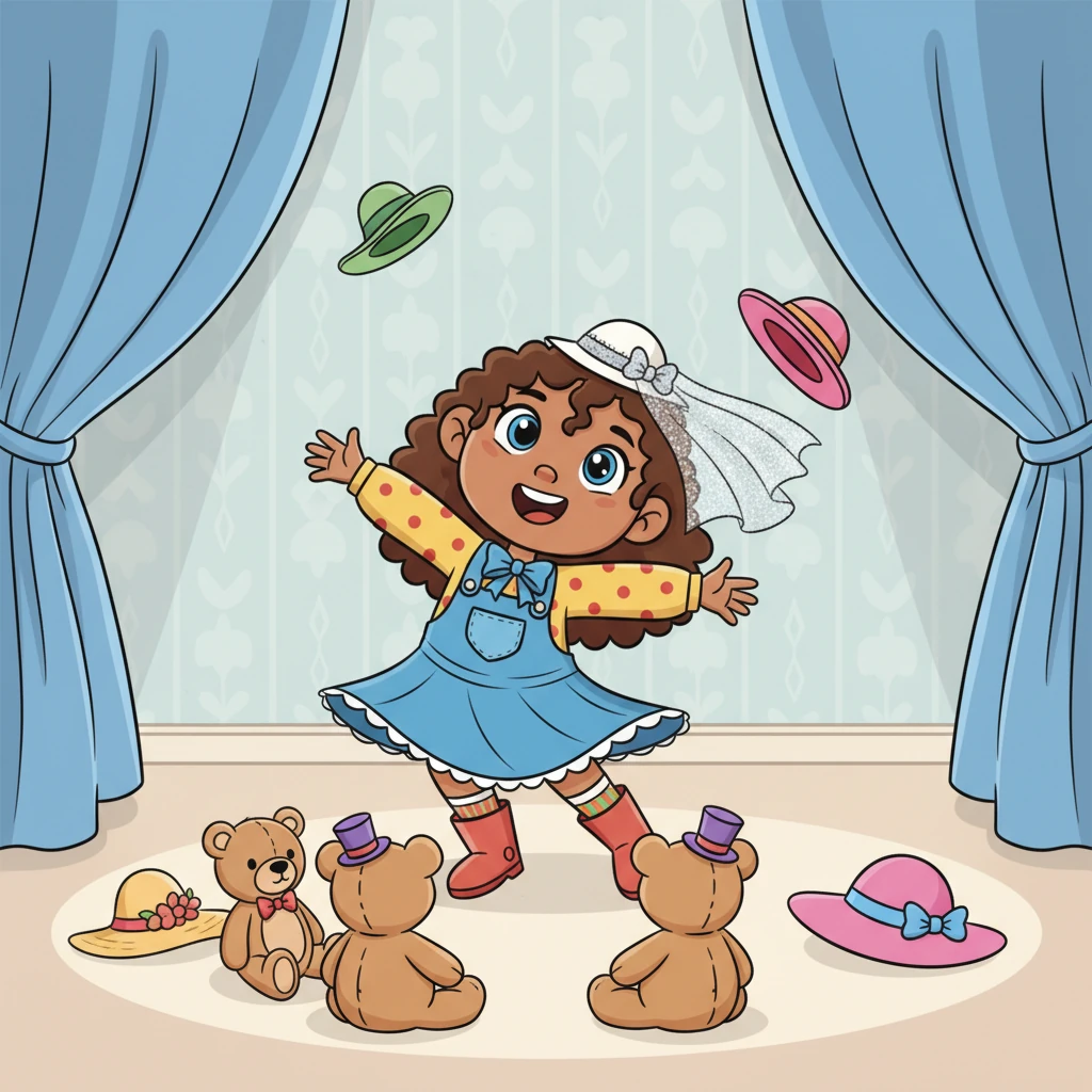 She twirled around, finally selecting a tiny, elegant hat with a shimmering veil. With a dramatic flourish, she curtsied to her teddy bear audience, ready for her grand opera performance.