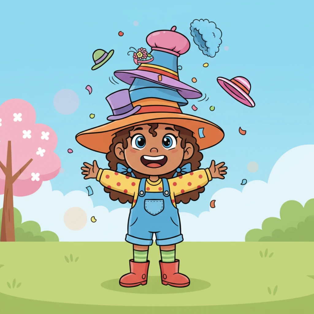 With a triumphant grin and her towering hat stack swaying gently, Holly felt like the happiest girl in the world. Her hats were more than just accessories; they were a part of her joyful, unique self.