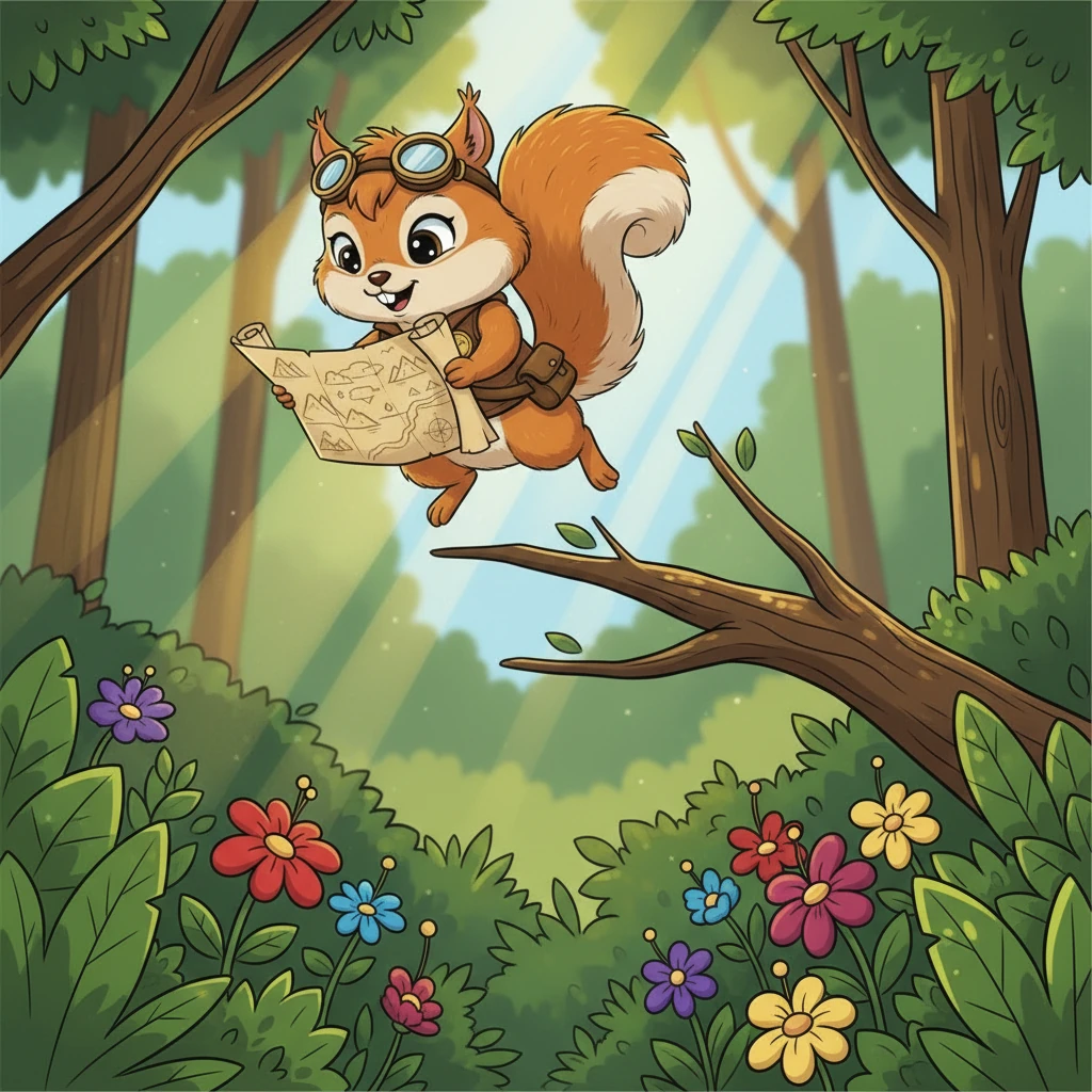 Kiki melompat dari dahan ke dahan, membawa petanya dengan hati-hati. Ia melewati bunga-bunga liar berwarna-warni dan semak belukar yang lebat, mengikuti setiap petunjuk di peta.