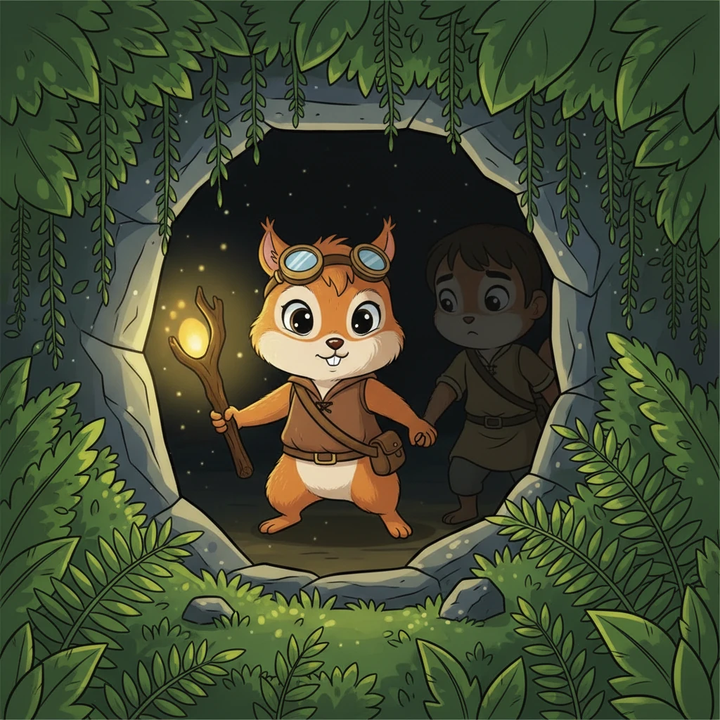 Mereka tiba di sebuah gua kecil yang gelap, salah satu petunjuk di peta. Sedikit takut, namun dengan semangat petualangan, mereka memberanikan diri masuk, saling berpegangan tangan.