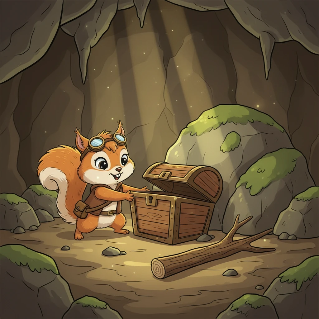 Di dalam gua, mereka menemukan sebuah kotak kayu tua yang tersembunyi di balik batu besar. Ini pasti harta karun yang ditunjukkan peta!