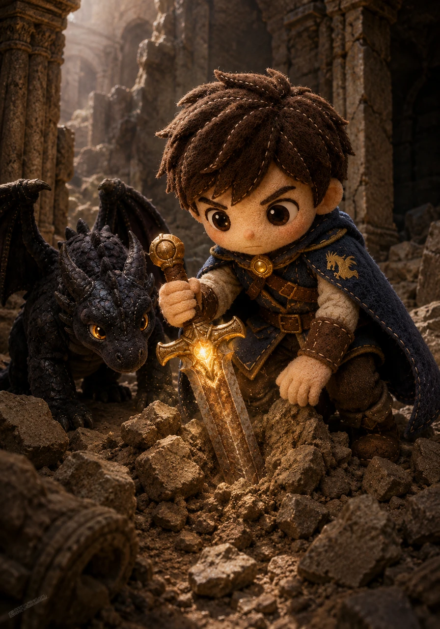 In the dusty corner of a forgotten ruin, young Elian discovers a rusted sword buried beneath a pile of stones. Though worn by time, the hilt feels strangely warm in his hand, as if it has been waiting centuries for his touch.