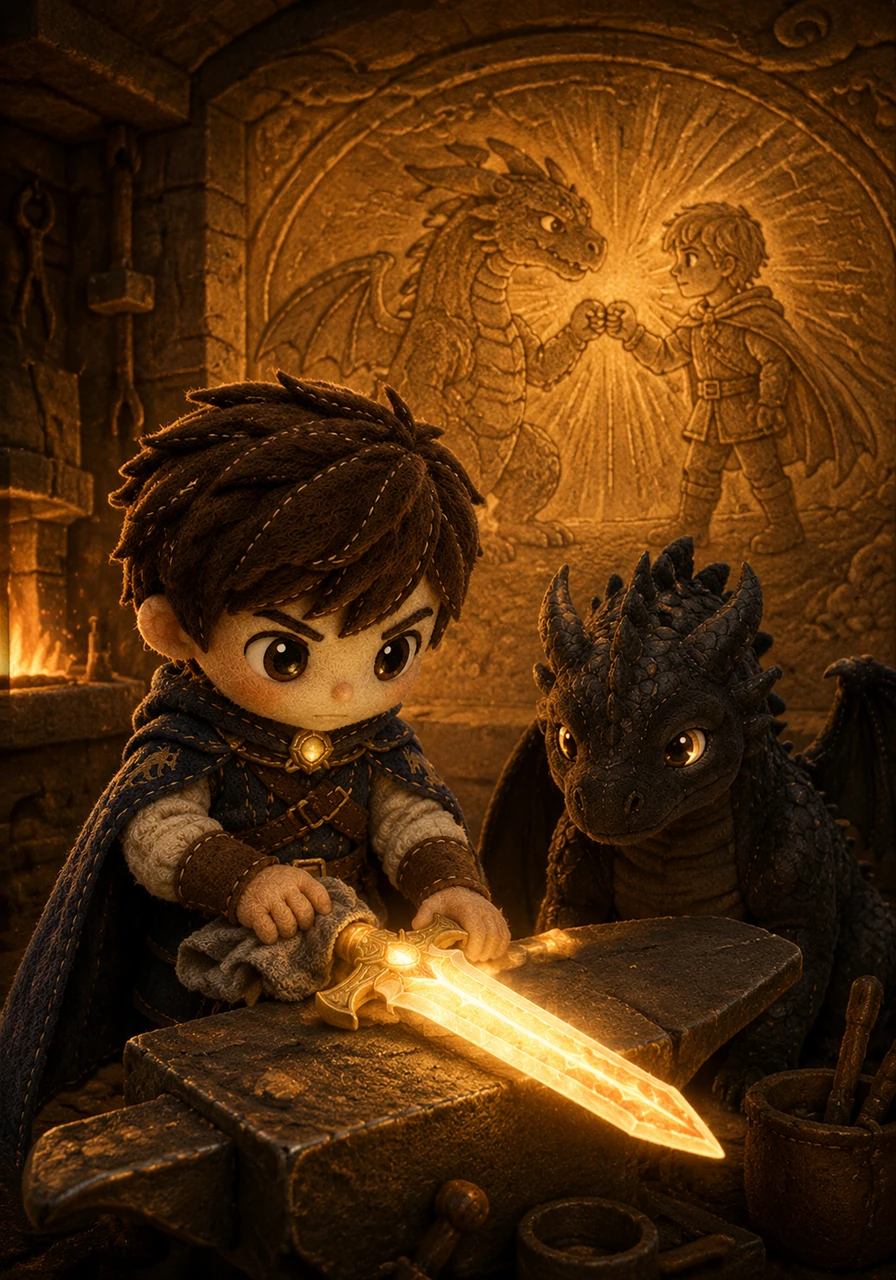 Back at his forge, Elian meticulously cleans the blade until a brilliant amber glow begins to pulse from its center. The light illuminates the walls, revealing ancient carvings of a great dragon and a warrior standing side by side in friendship.