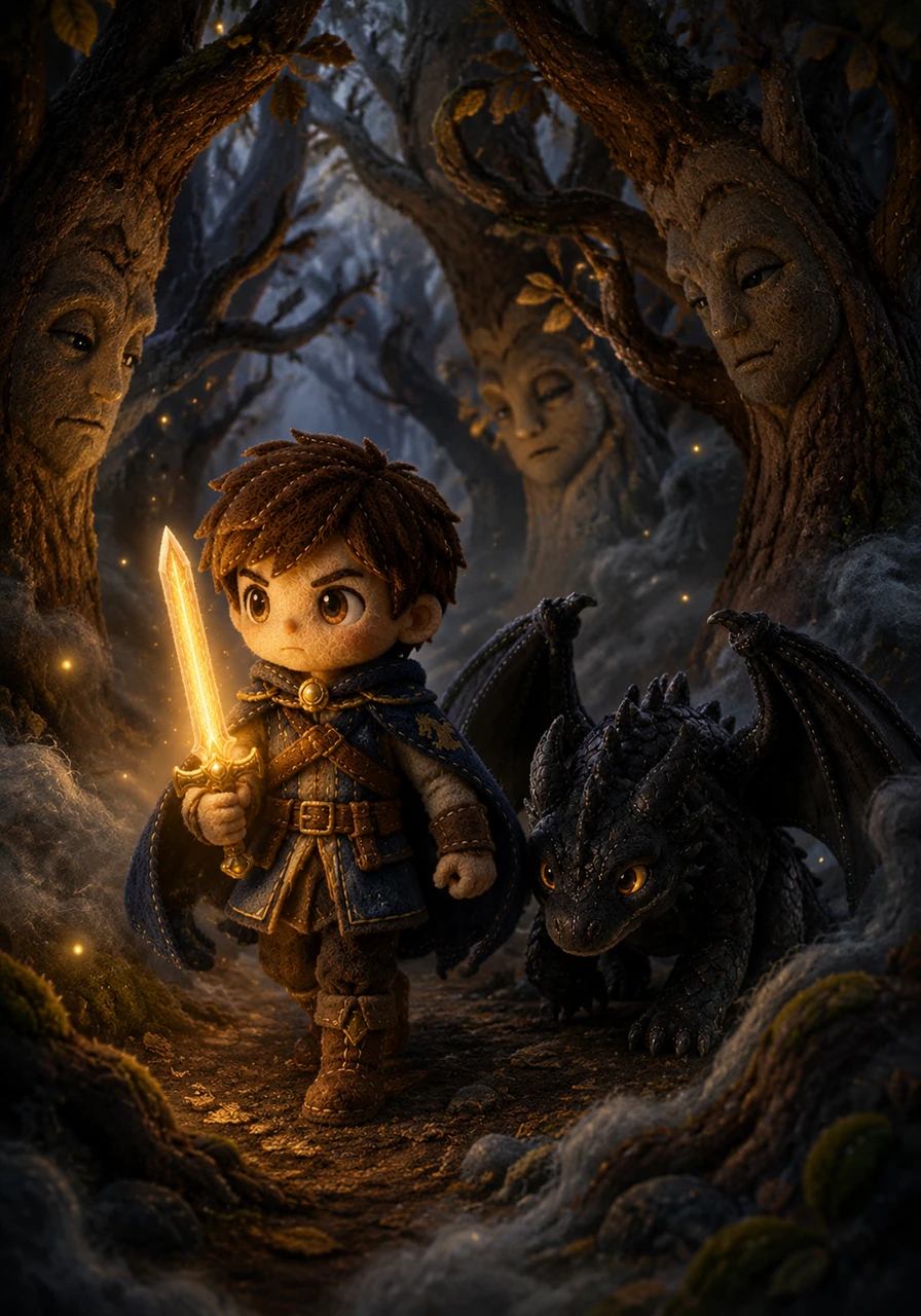 Driven by a mysterious calling, Elian ventures into the Whispering Woods, where the trees lean in to share secrets of the past. The sword acts as a compass, its golden light cutting through the thick, swirling mist and guiding his path.