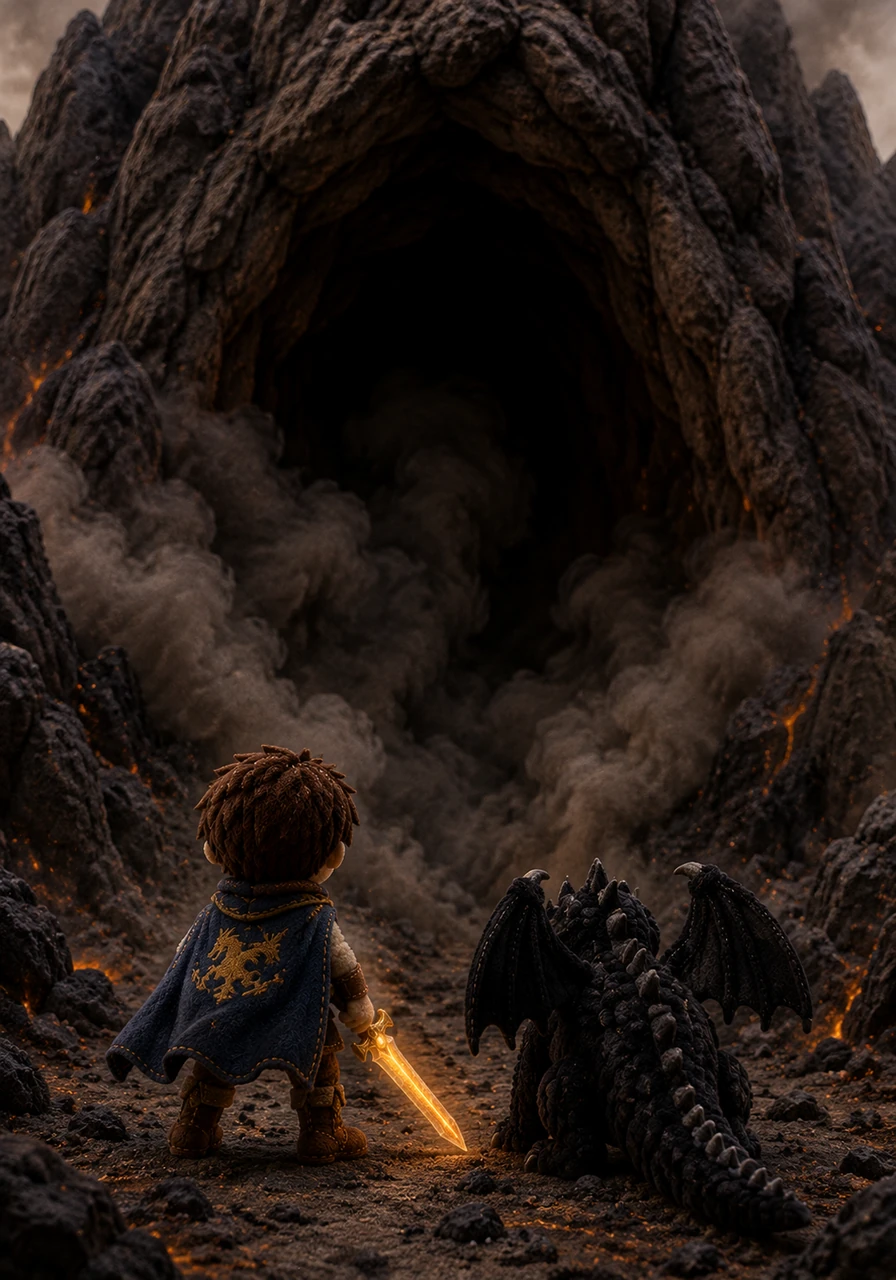 At the base of the Crag of Cinders, a massive cavern breathes out clouds of dark, sulfurous smoke. Elian stands small against the towering entrance, his heart racing as he prepares to face the beast of legend.