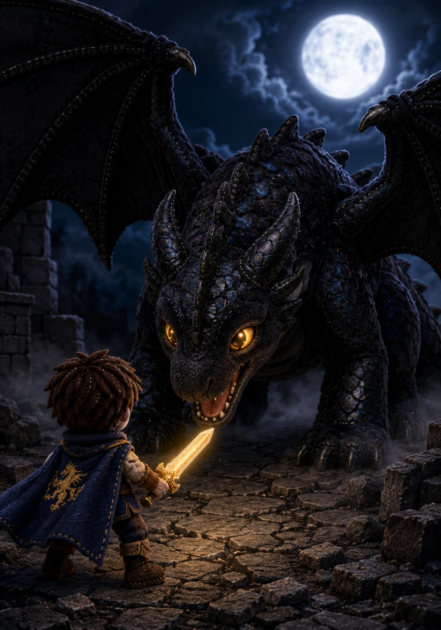 From the depths of the shadows, Ignis the dragon emerges, his scales shimmering like polished obsidian under the moonlight. He lets out a low growl that shakes the earth, his eyes burning like molten gold in the darkness.