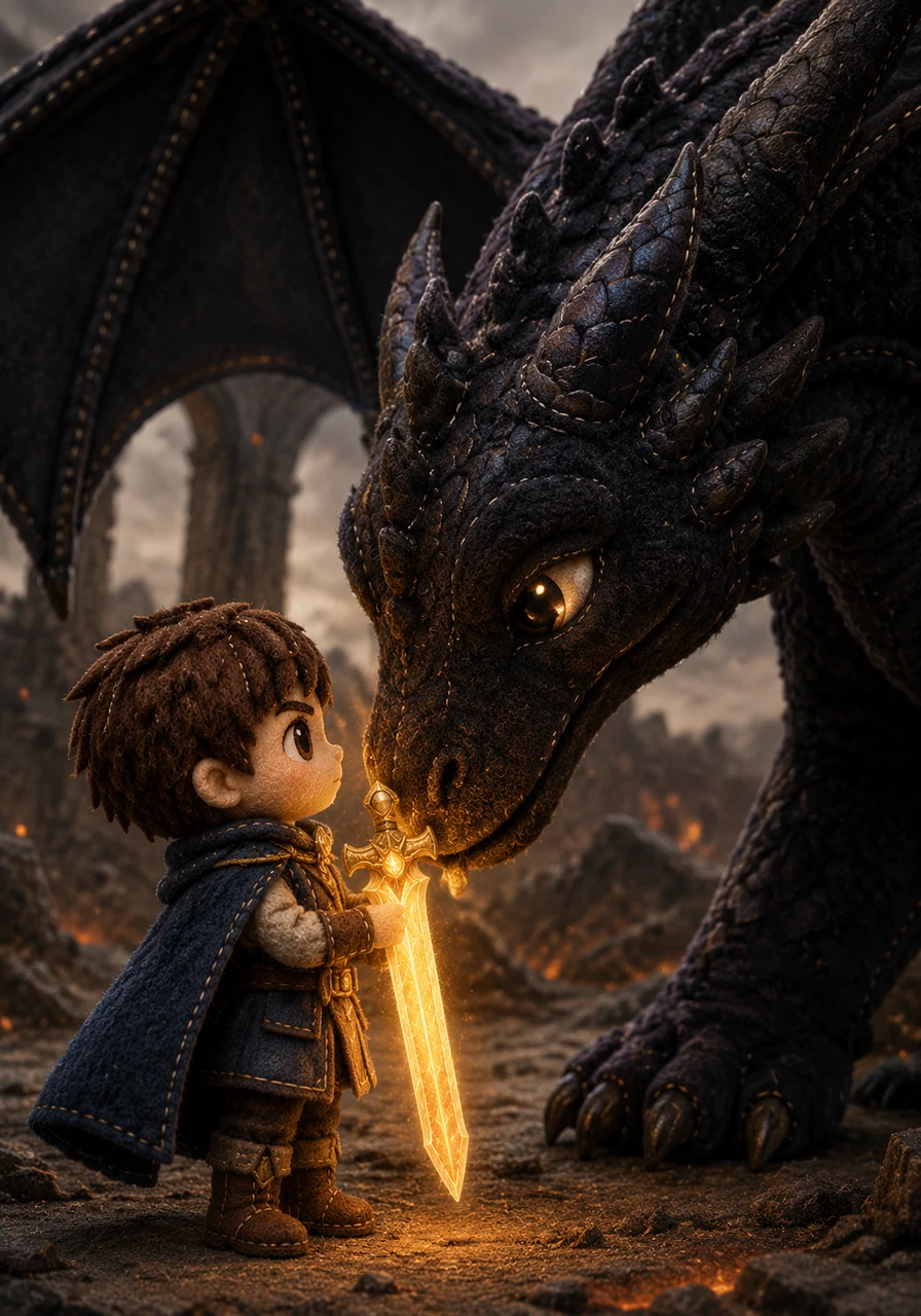The dragon pauses, his fierce expression softening into one of profound recognition and ancient sadness. He slowly lowers his massive head until his snout is inches away from the glowing blade Elian holds with trembling hands.