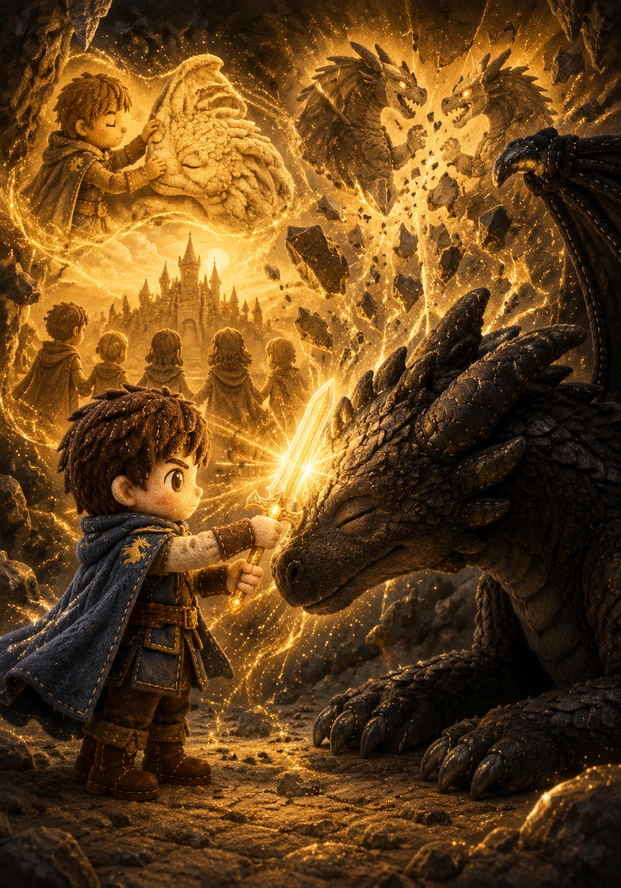 As Elian gently touches the hilt to the dragon’s forehead, a flood of golden light erupts, filling the cave with visions of a lost era. The curse that had turned their ancestors into enemies begins to shatter and dissolve.