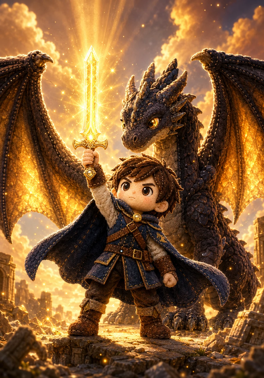 The remaining rust on the sword completely vanishes, transforming it into a masterpiece of celestial steel and sunfire. Ignis spreads his wings wide, no longer a monster of the dark, but a majestic guardian of the light.