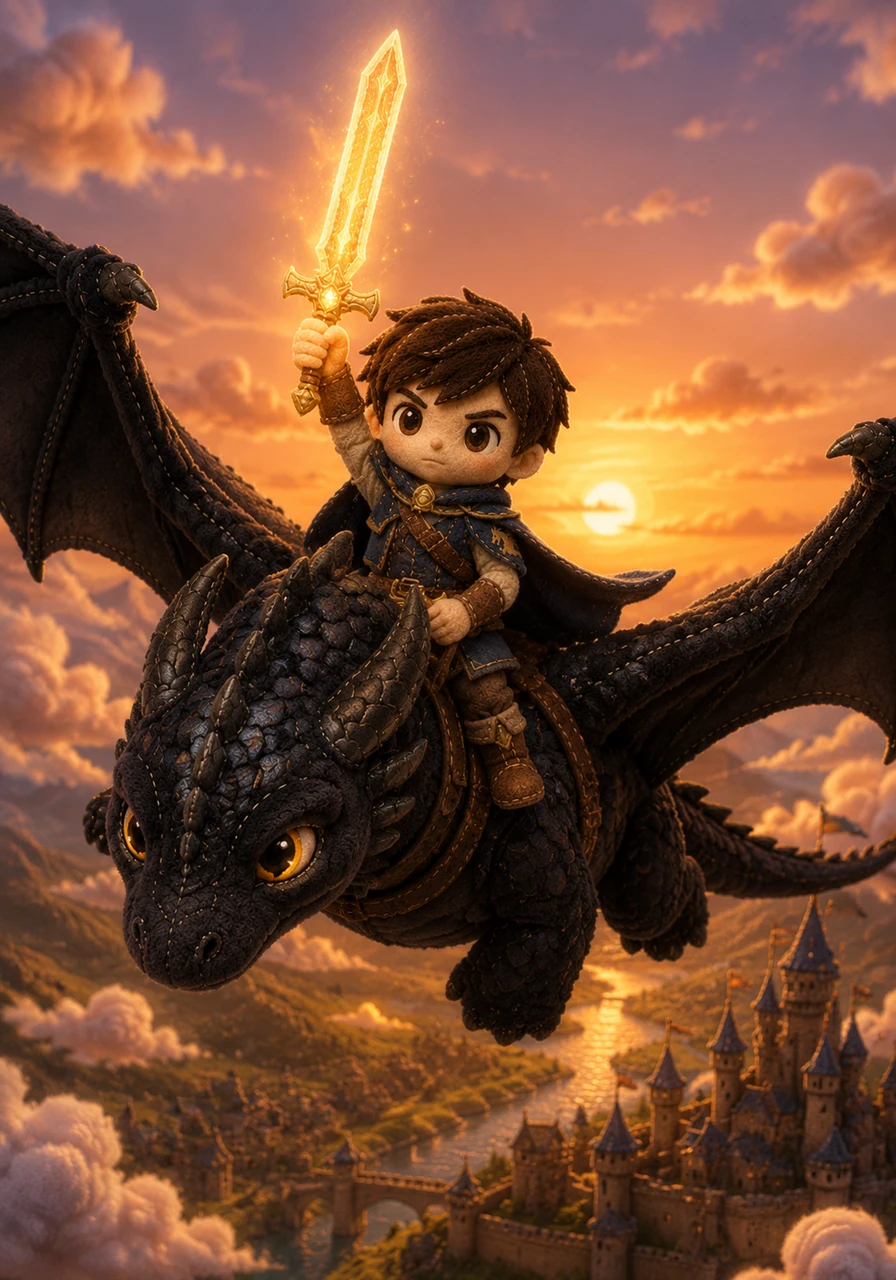 With Elian seated firmly upon the dragon’s back, the pair soars high above the kingdom, the amber sword held aloft like a beacon. Their silhouettes against the setting sun signal the dawn of a new era of peace and wonder.