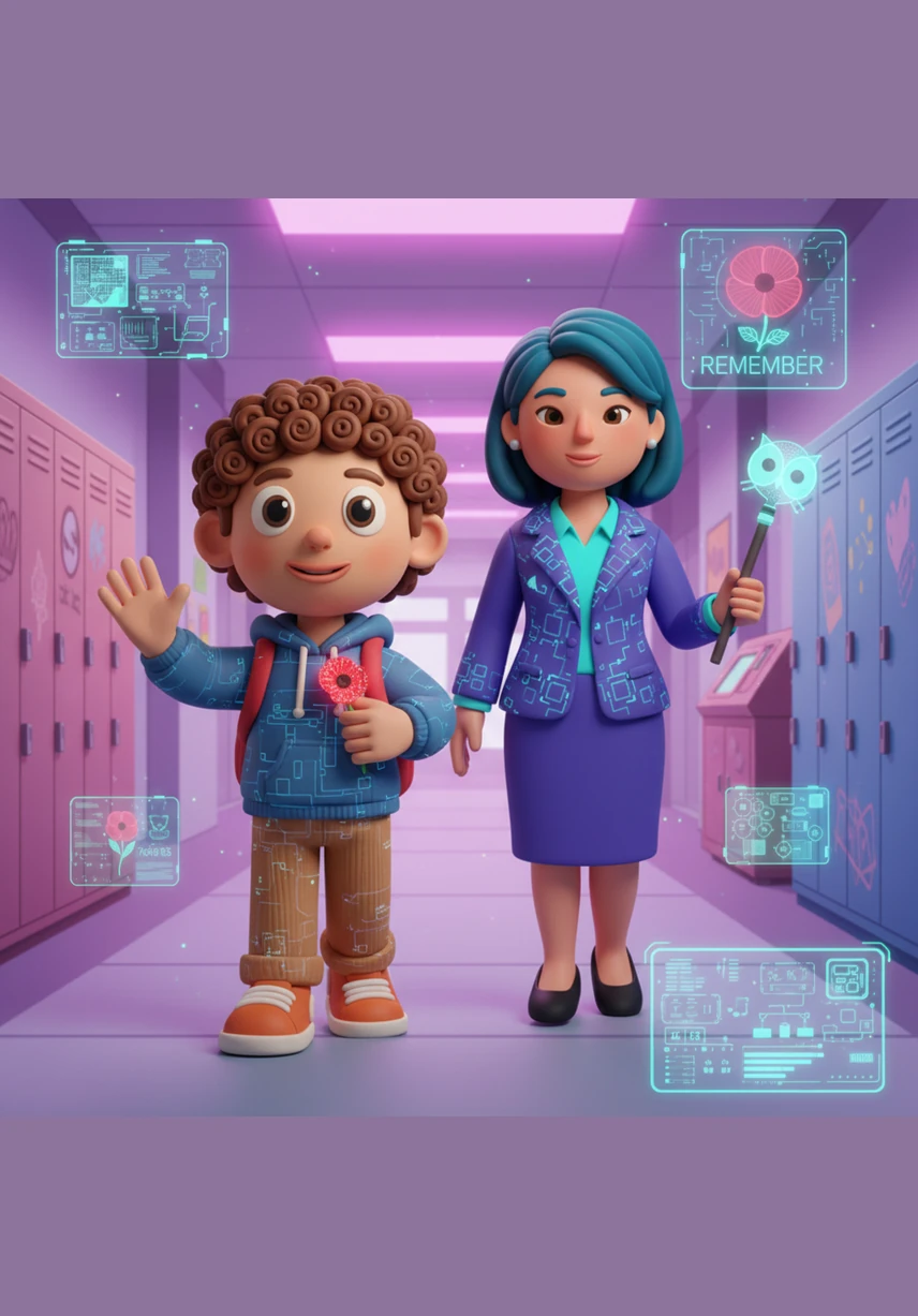 As the service ends, Leo walks back to class with a warm feeling in his heart. He pins his poppy to his shirt, knowing that remembering the past helps us build a kinder future together.