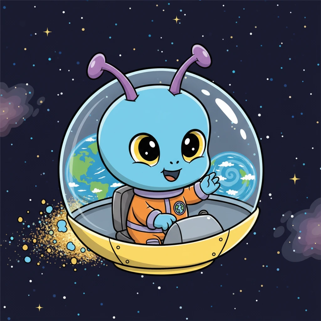 Pippin, a tiny alien with big, curious eyes, zoomed through the cosmic dust in a sparkly, bubble-shaped spaceship. Its vibrant, wobbly antennae twitched with excitement as a beautiful blue and green planet grew larger in the viewscreen. Earth, a swirl of clouds and oceans, beckoned with unknown wonders.